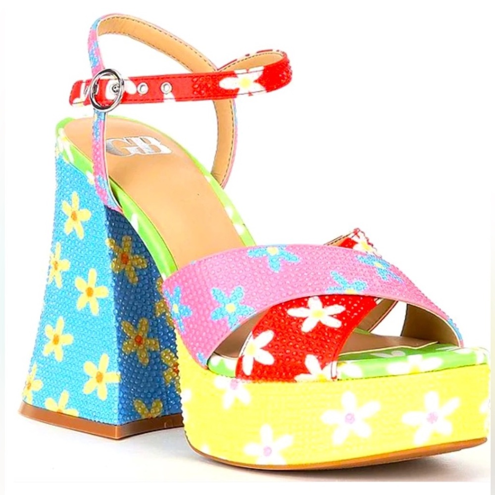 NEW GB Ulti-Mate Floral Rainbow Rhinestone Ankle Strap Platform Sandals NWT